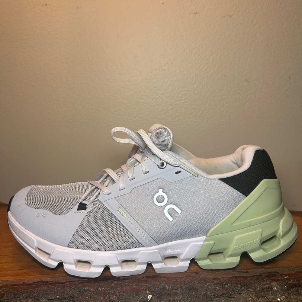 On Cloud Running Light Gray and Olive Sneakers